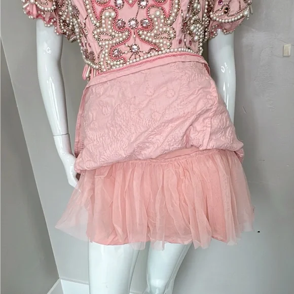 NWT ASOS Luxe pearl embellished puff sleeve caged mini dress in pink Sz 6(US) - Picture 6 of 16